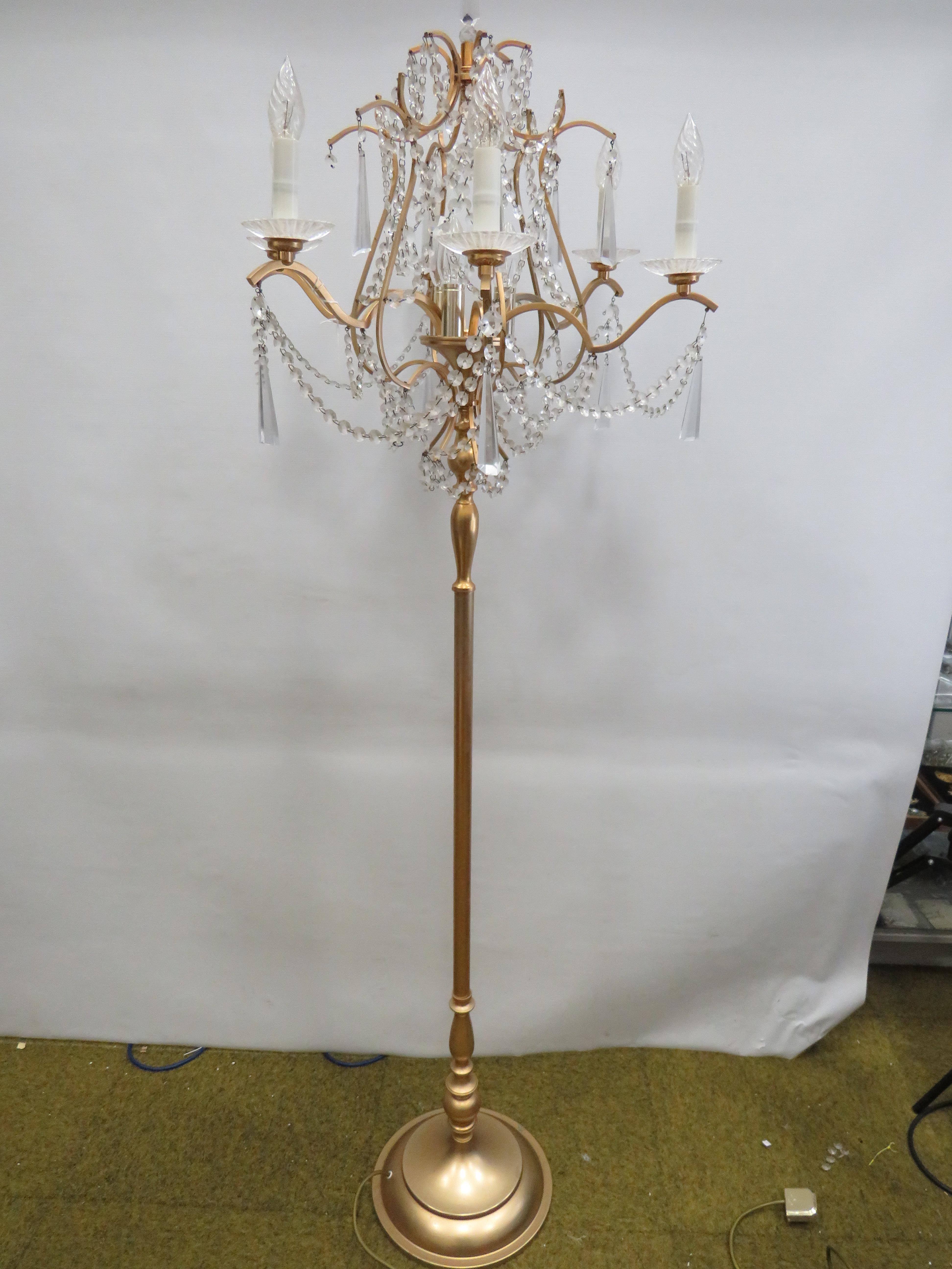 Brushed metal brass effect Standard lamp with 9 Candle bulbs and hanging glass lustres. Approx 67 in - Image 3 of 7
