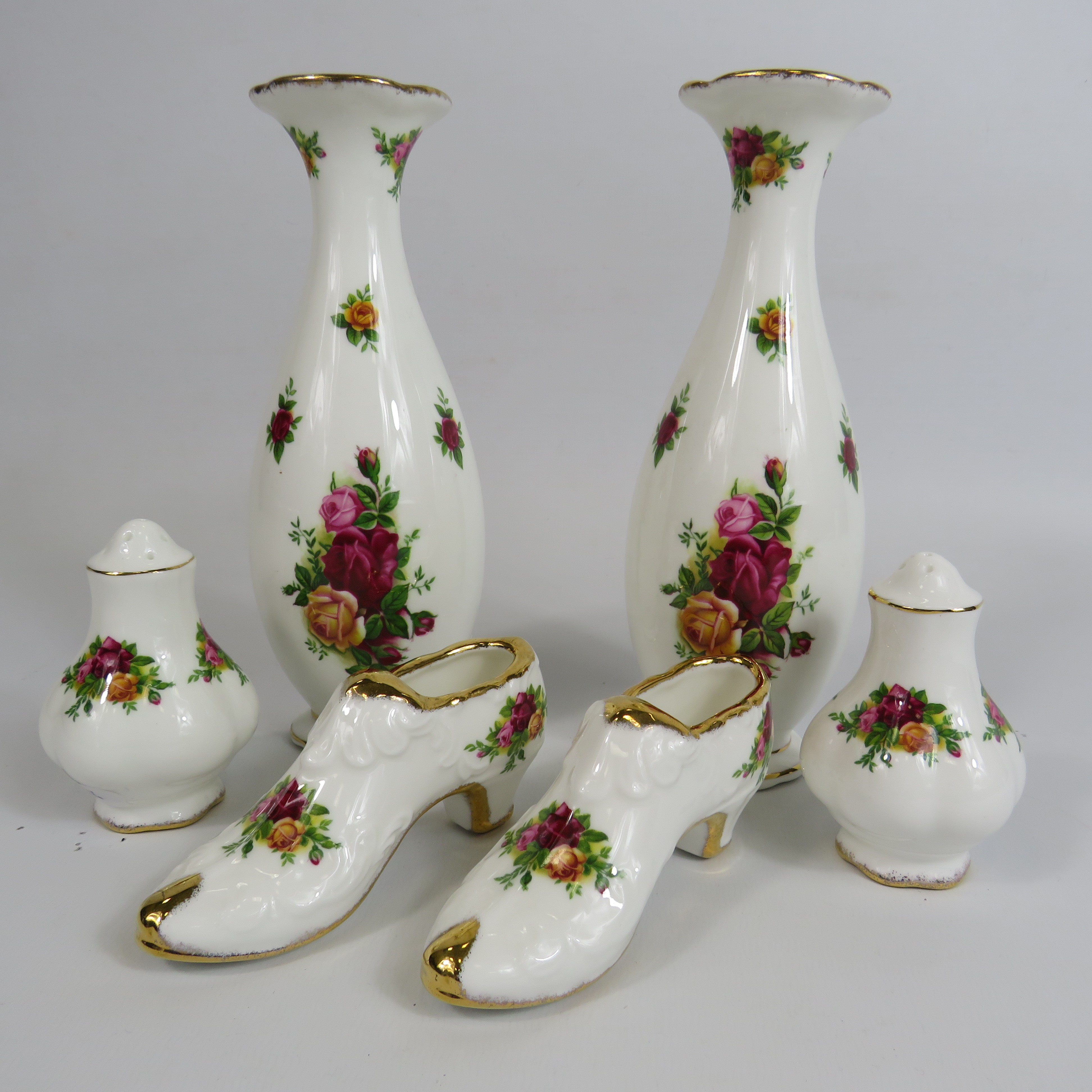 Royal Albert old country roses vases, shoes and salt and pepper pot.