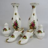Royal Albert old country roses vases, shoes and salt and pepper pot.