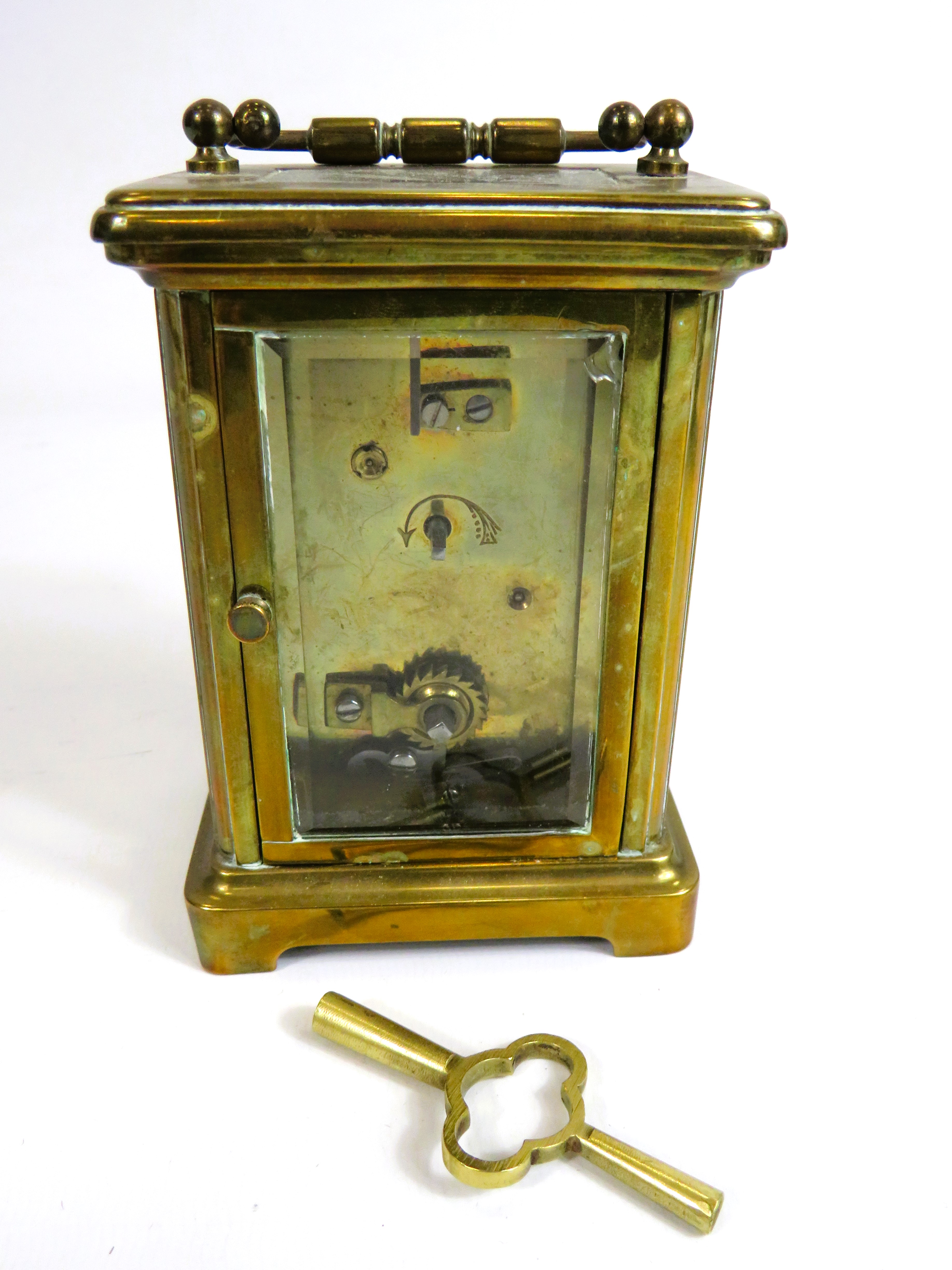 Pretty Brass Cased Carriage Clock with Key, enamel face. Running order 4.5 inches tall. ( door opens - Image 7 of 7