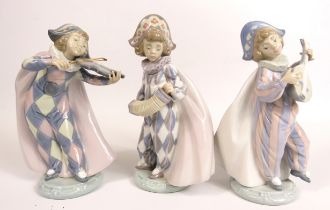 3 Lladro Harlequin musicians, all with boxes (one is missing the end of his instrument see pics)