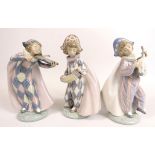 3 Lladro Harlequin musicians, all with boxes (one is missing the end of his instrument see pics)