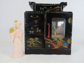 Oriental jewellery cabinet with mother of pearl inlay and a Pink glass Avon perfume bottle.