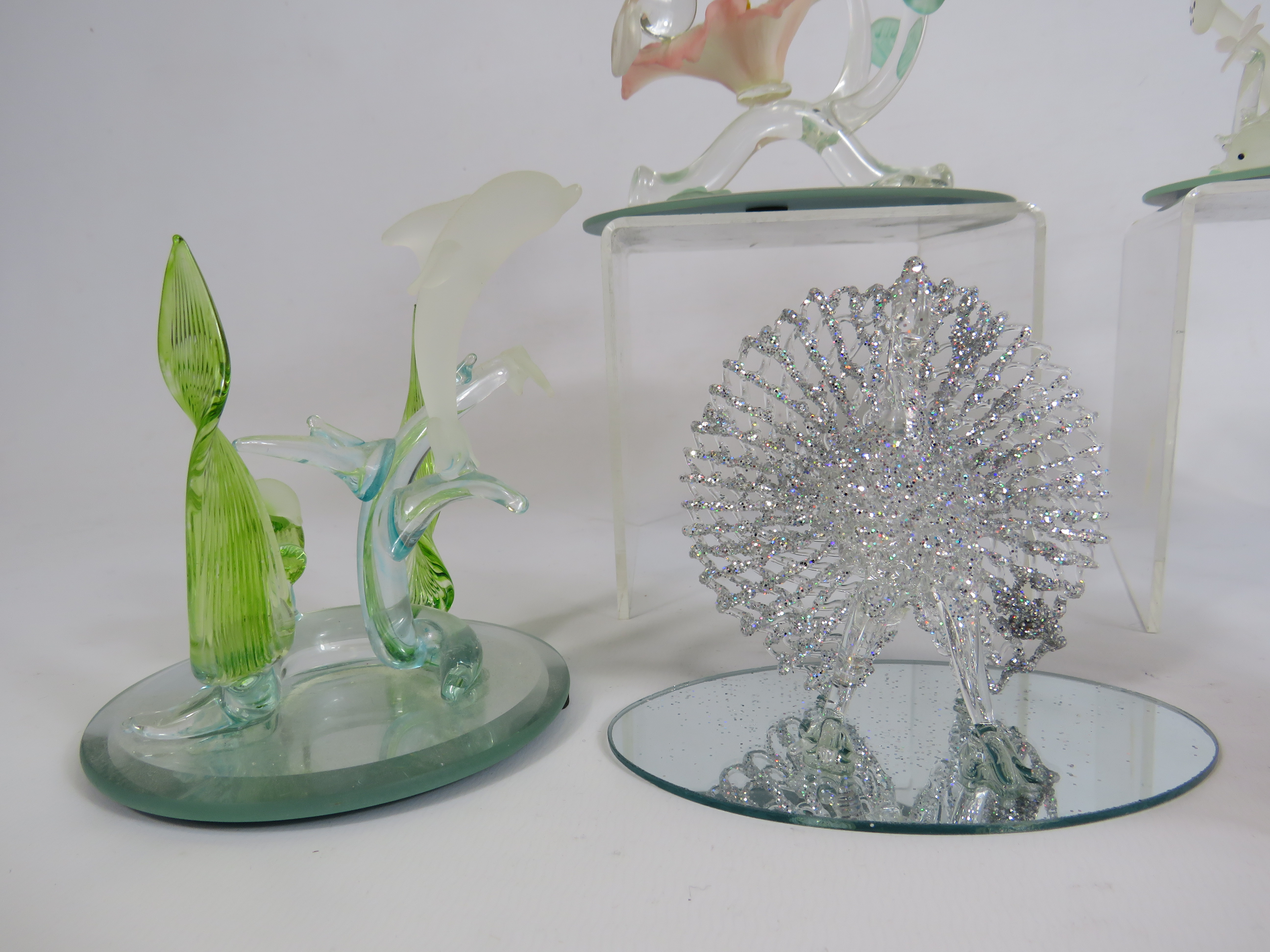 Five art glass figurines on mirrored bases and a lattice glass wheel barrow, - Image 3 of 3