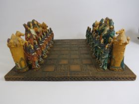 Large Wooden carved chess board and resin chess set by Anne Carlton King Louis XIV. The board