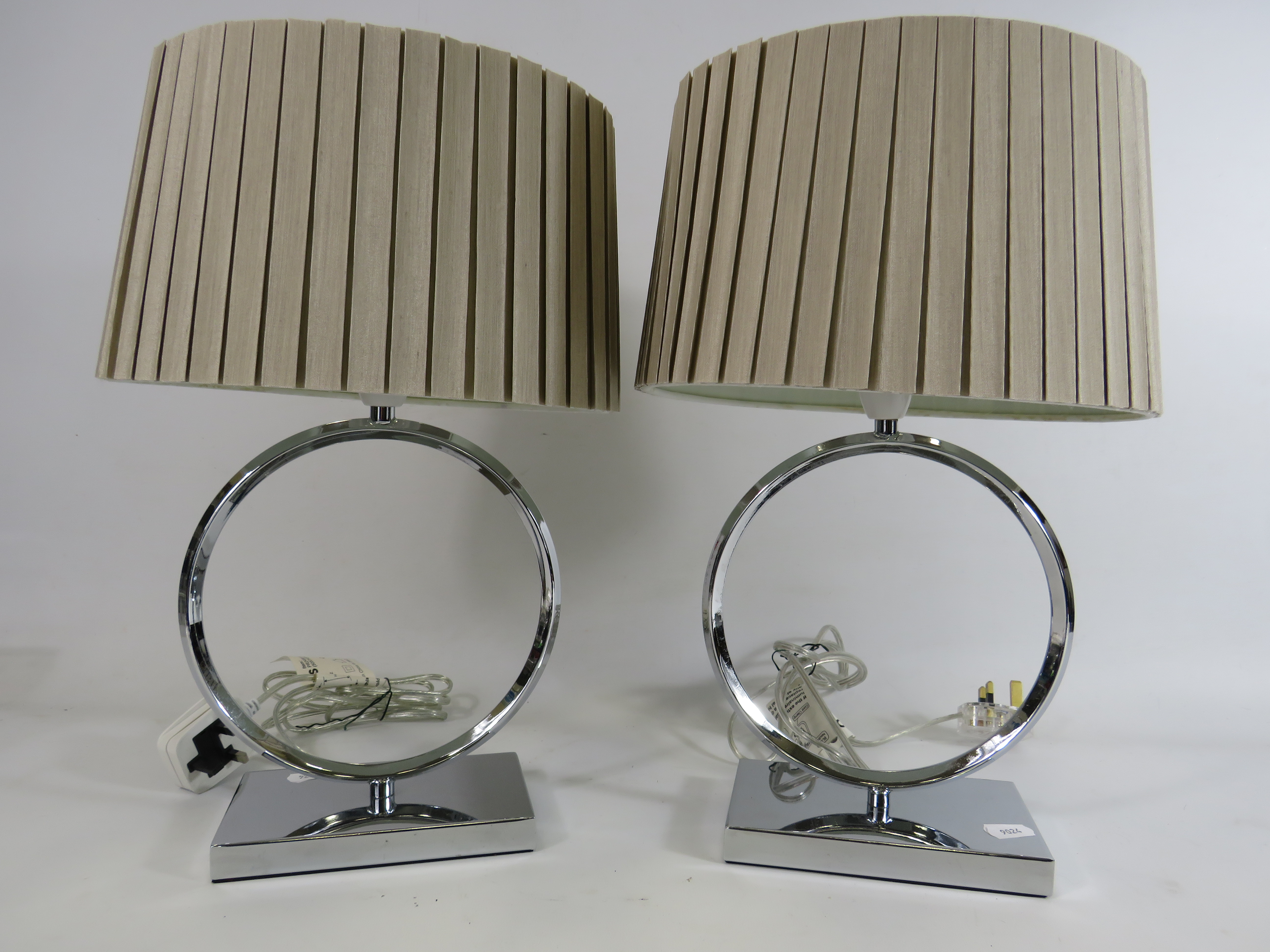 2 Modern chrome bases table lamps with shades, 16.5" to top of shade.