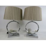 2 Modern chrome bases table lamps with shades, 16.5" to top of shade.