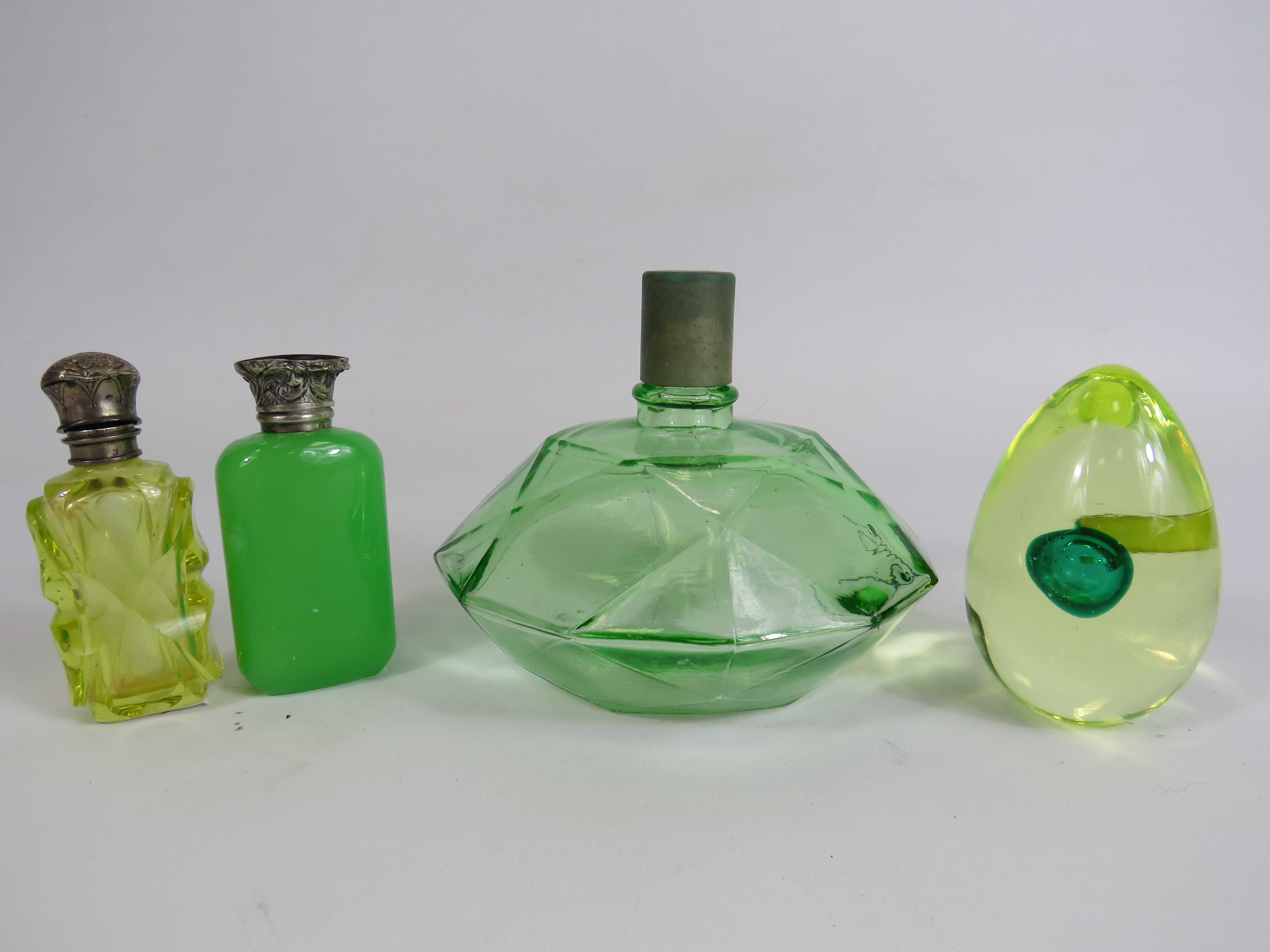 3 Uranium glass scent bottles and a paperweight by Murano. - Image 2 of 5