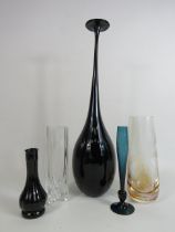 Vintage black glass orchid vase possibly Kosta Boda Kjell Engman, a Serves crystal vase plus other