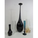 Vintage black glass orchid vase possibly Kosta Boda Kjell Engman, a Serves crystal vase plus other