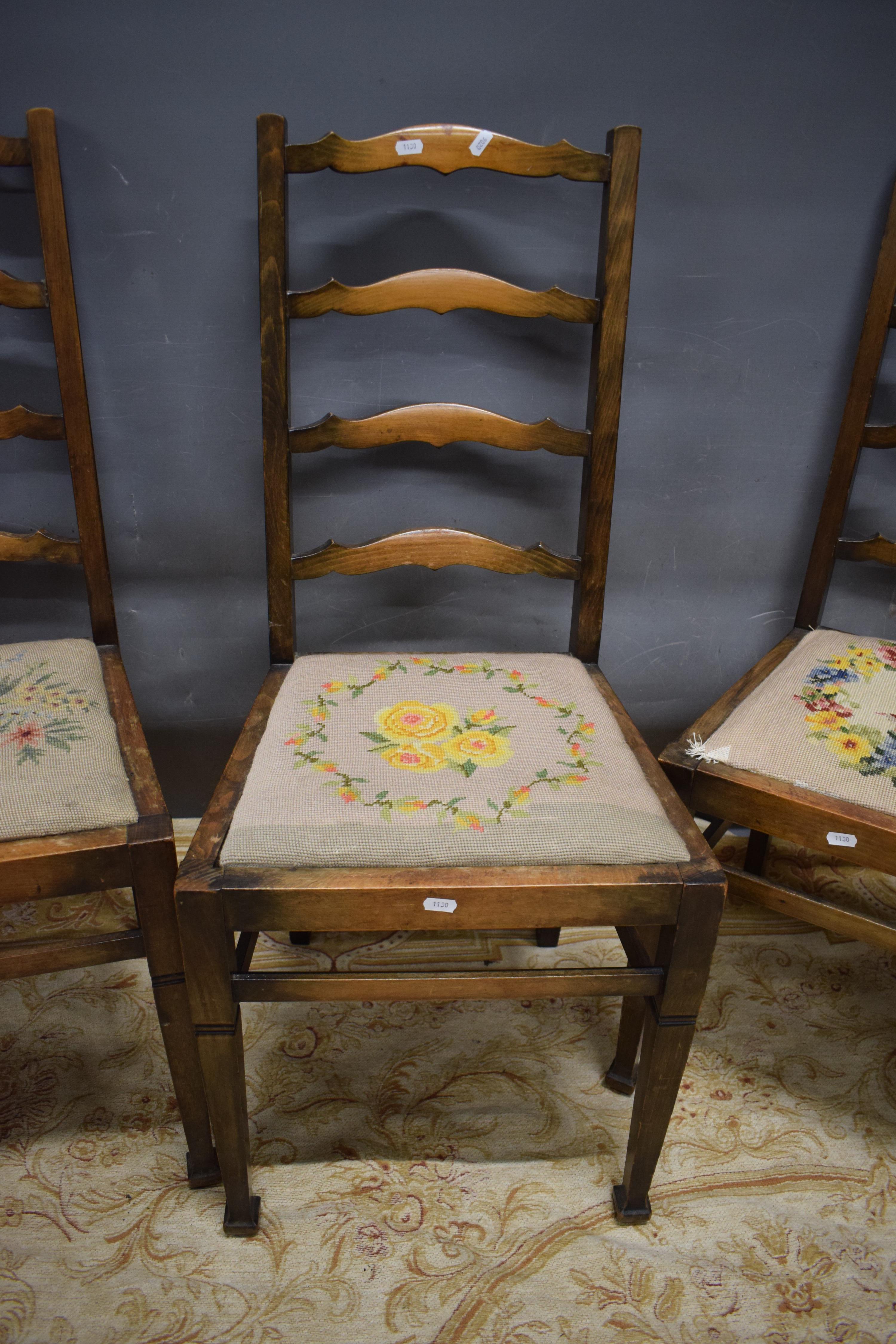 Three Ladderback chairs with needlpoint decoration.  See photos. S2 - Image 3 of 4
