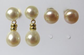 Pair of 14ct Pearl Studs by Honara plus a pair of 14ct Double pearl drop earrings. 20mm drop.