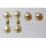 Pair of 14ct Pearl Studs by Honara plus a pair of 14ct Double pearl drop earrings. 20mm drop. 