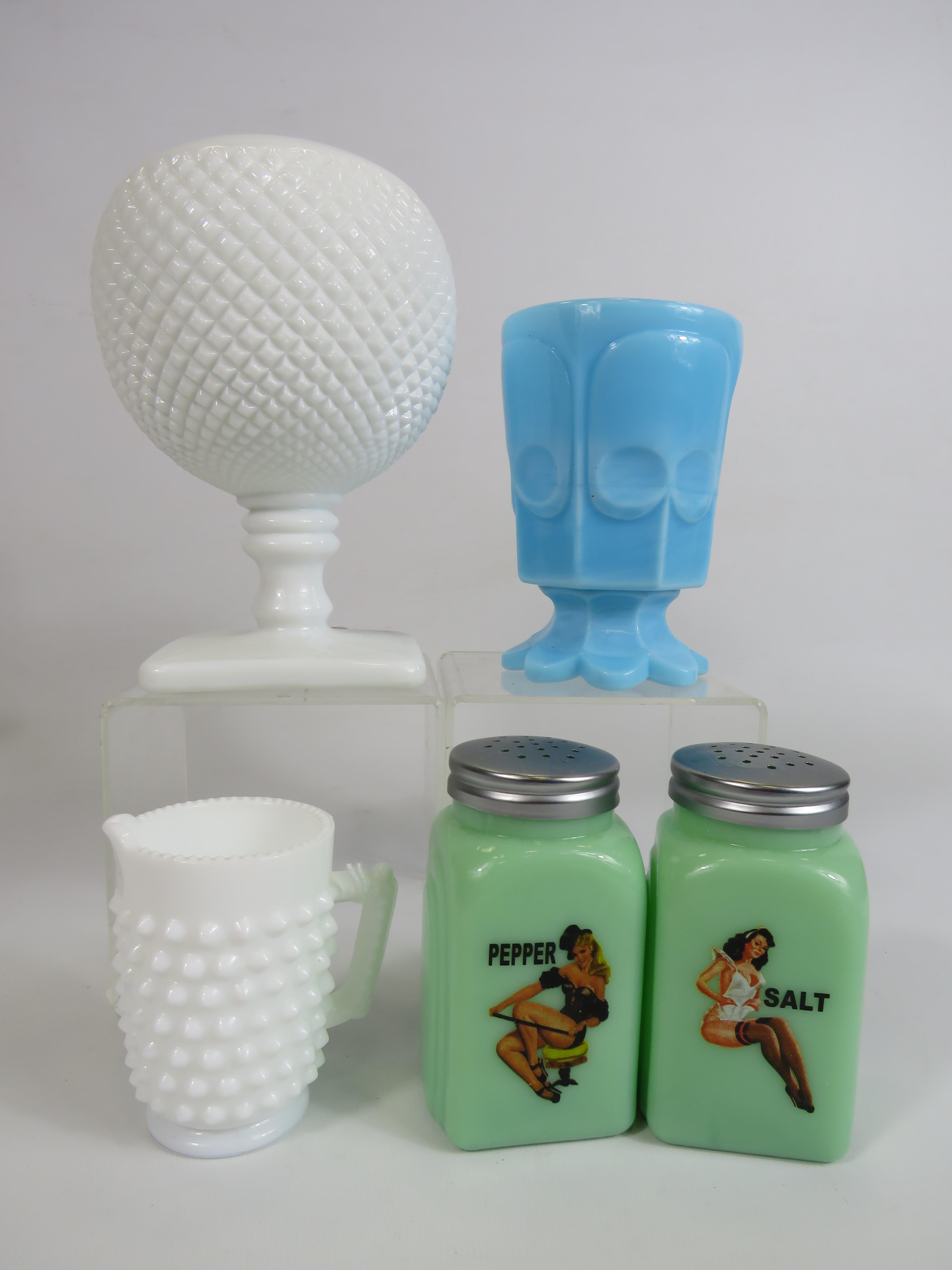 Westmoreland milk glass vase, plus Two other pieces of milk glass and a Jadeite glass cruet set.