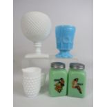 Westmoreland milk glass vase, plus Two other pieces of milk glass and a Jadeite glass cruet set.