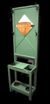 Vintage Hallstand overpainted green, drip tray to bottom. Approx measurement H:72 x W:22 x D:10 inc