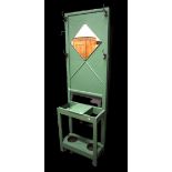 Vintage Hallstand overpainted green, drip tray to bottom.  Approx measurement H:72 x W:22 x D:10 inc