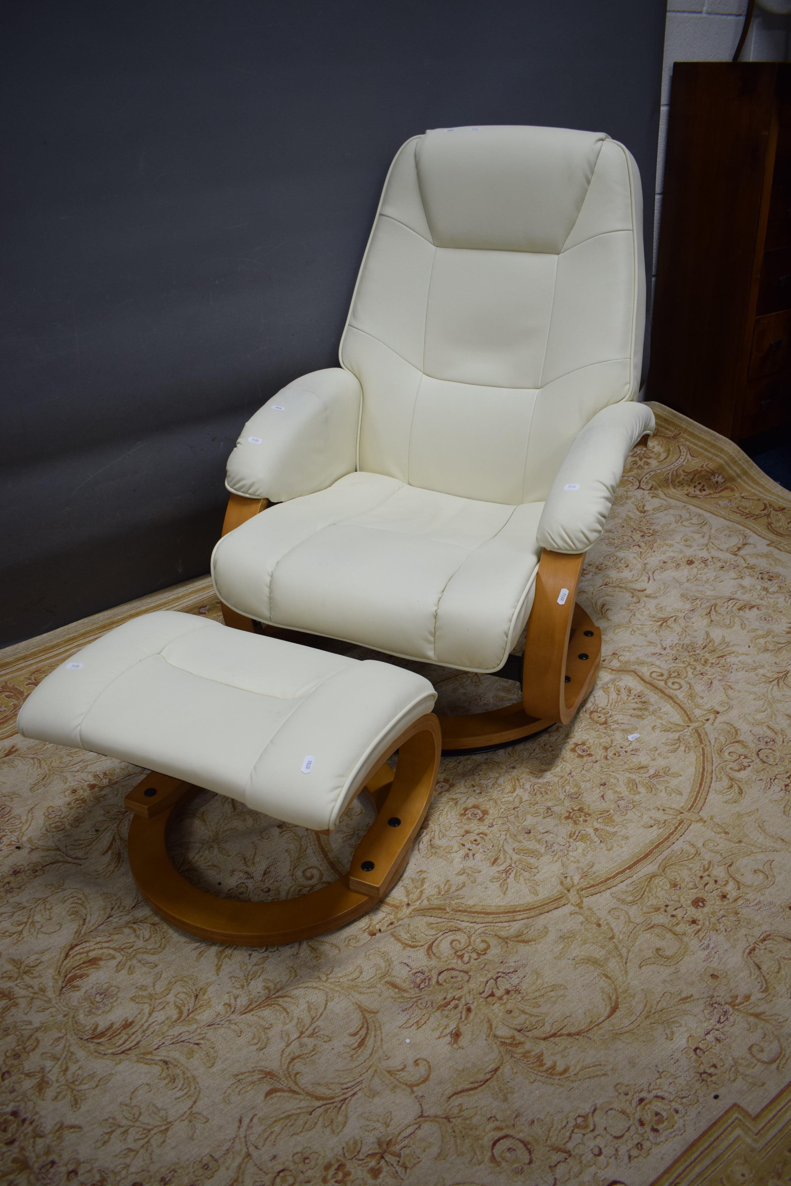 Faux Leather and bentwood manual reclining easy chair with footstool.  See photo.  S2