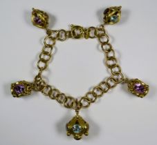 9ct Yellow Gold Dangle Bracelet, set with multiple Gemstones