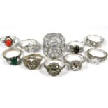 Ten Good quality Stone set 925 Silver rings of various sizes. See photos. 