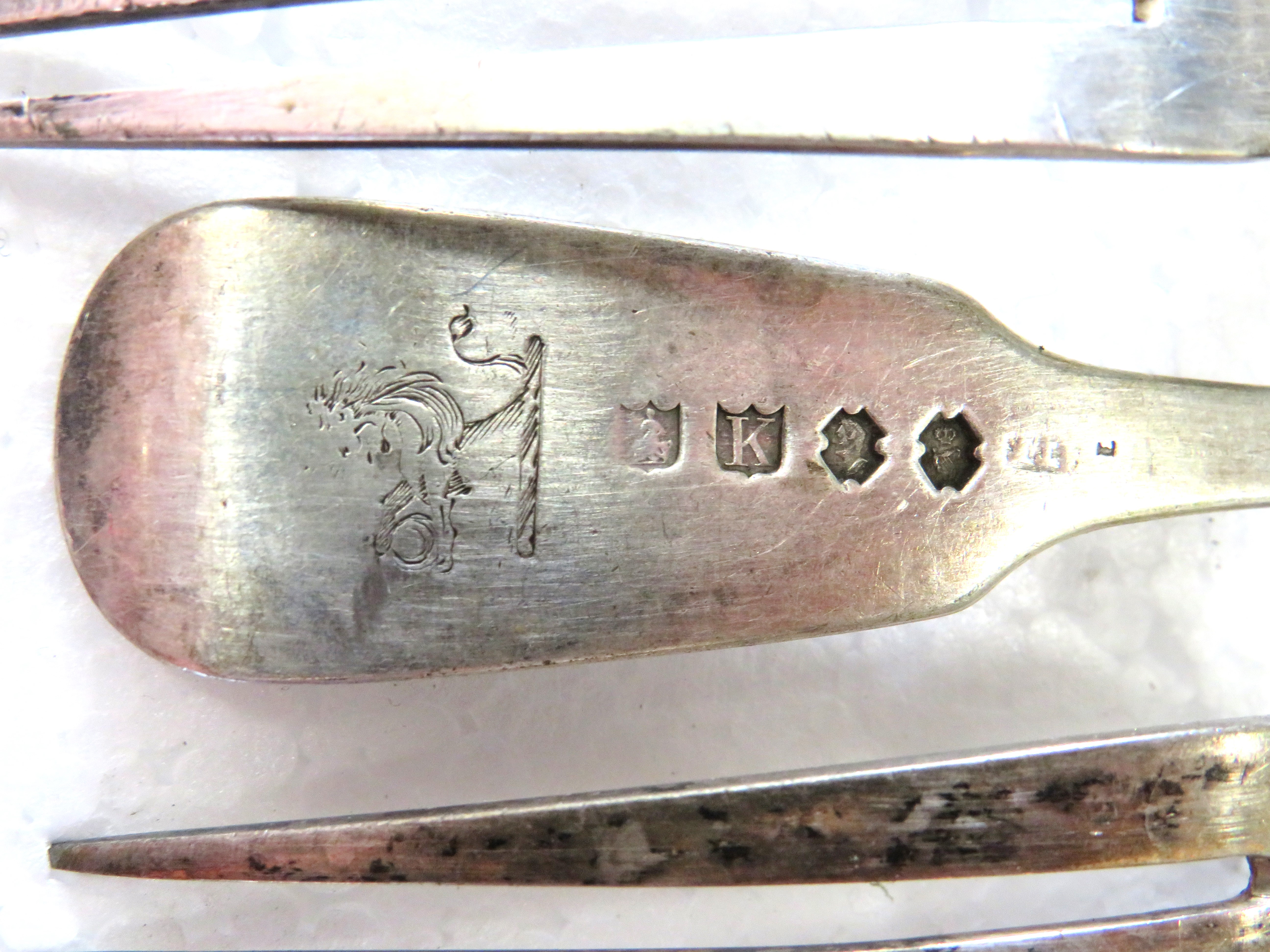 Selection of Antique Georgian Irish Silver Forks with Dublin Hallmarks and armorial crests .  Total  - Image 3 of 3