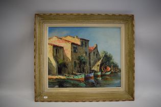 Vintage framed oil on canvas of a Harbour/River scene. Measures approx 25 x 28 inches. See photos.