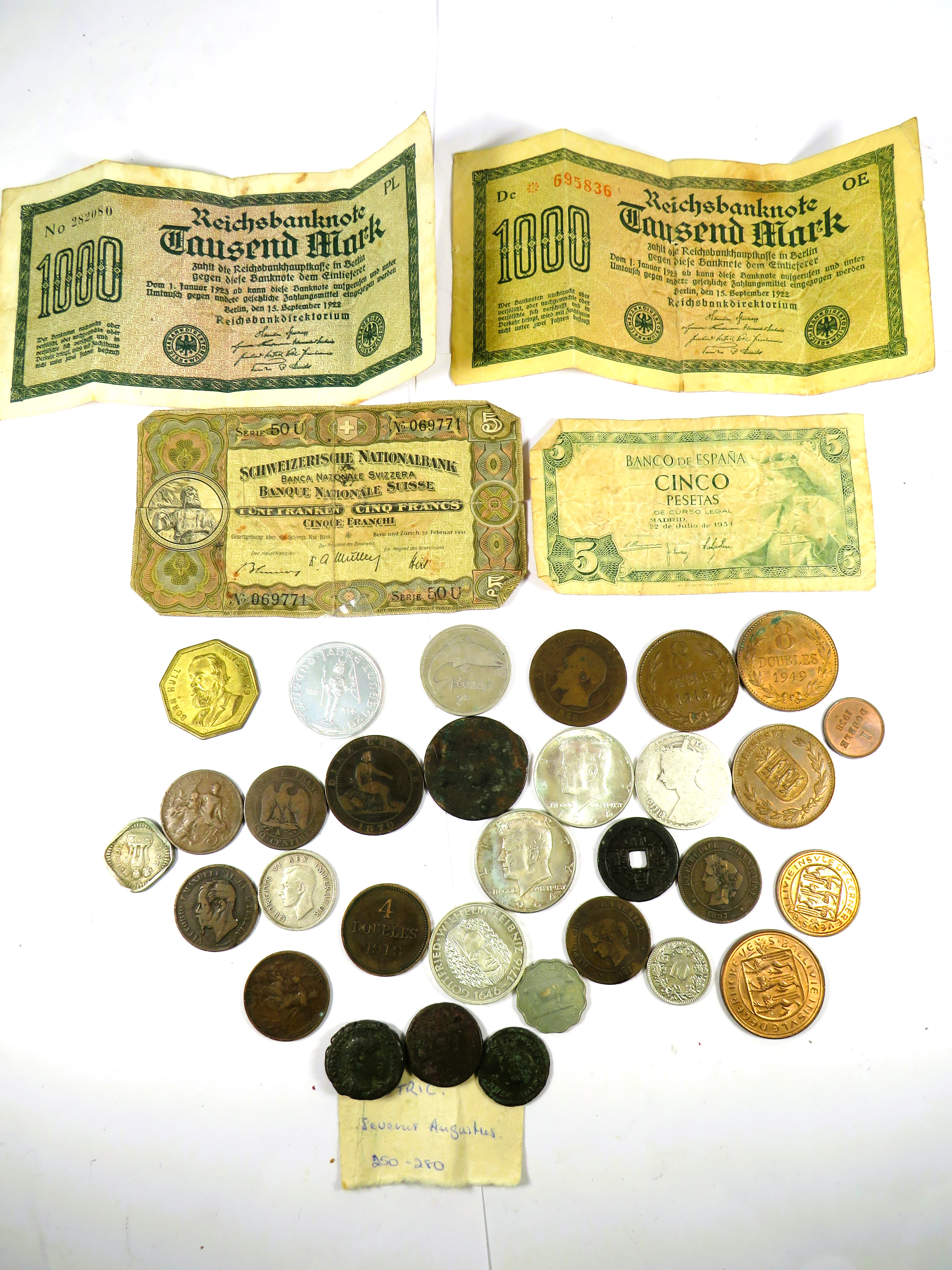 1920's German Bank notes, swiss bank note plus interesting Coins, roman Coins. See photos.  