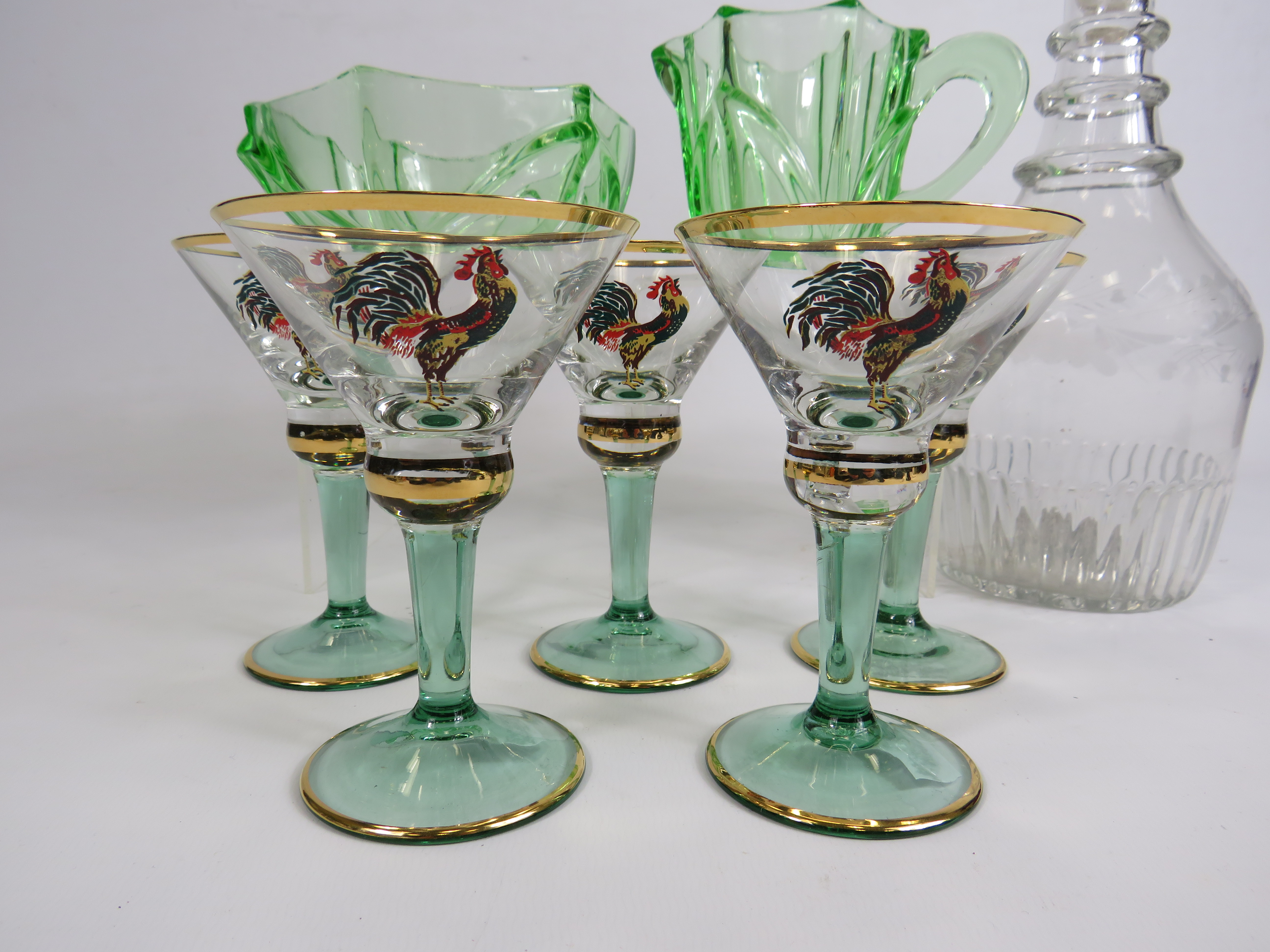 Victorian decanter, uranium glass jug and bowl and five sherry glass with cockerel detail. - Image 2 of 3