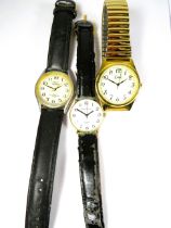 Three mens quartz watches. All will need batteries to run.  