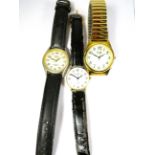 Three mens quartz watches. All will need batteries to run.  