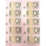 Ten Near Mint Vintage UK One Pound Notes.  See photos. 