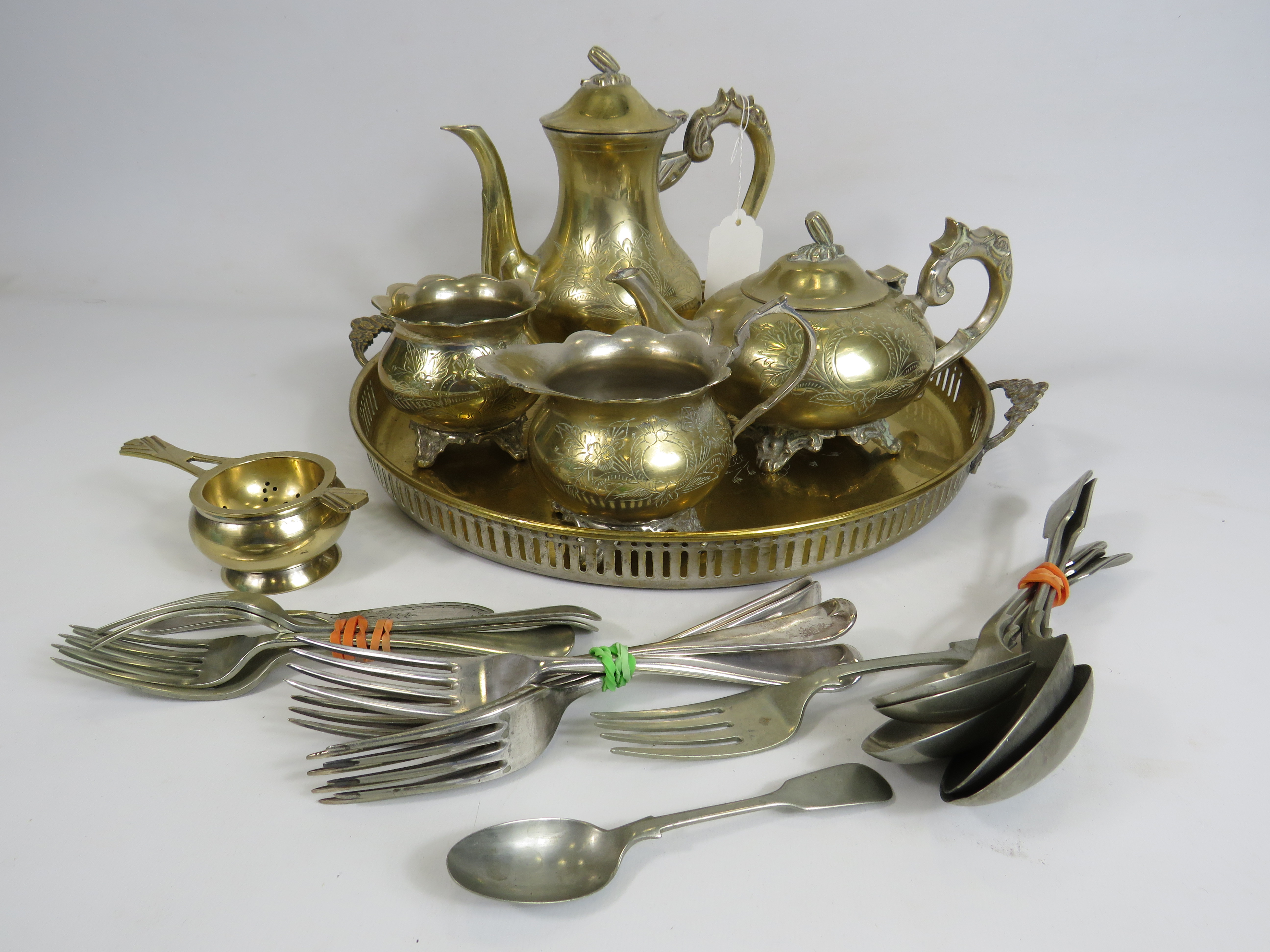 Silver plated teaset, tray and cutlery etc,