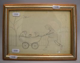 Pencil sketch 'Lady with a pram walking past a park' Bears a signature 'L.S. Lowry' History or orig