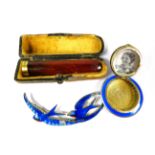 Pretty Metal and enamel Guilloche mini compact plus two Bluebird badges together with lucite Cigaret