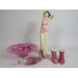 Royal Doulton Impressions figurine HN4197, a art glass bowl and scent bottle plus a pair of Coalport