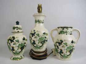 3 Pieces of Masons Ironstone in the Green chartruese pattern (chip to the base of lidded jar)