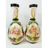 Pair of Milk Glass Vases which have transfer print and hand applied decoration showing cherubs. Each