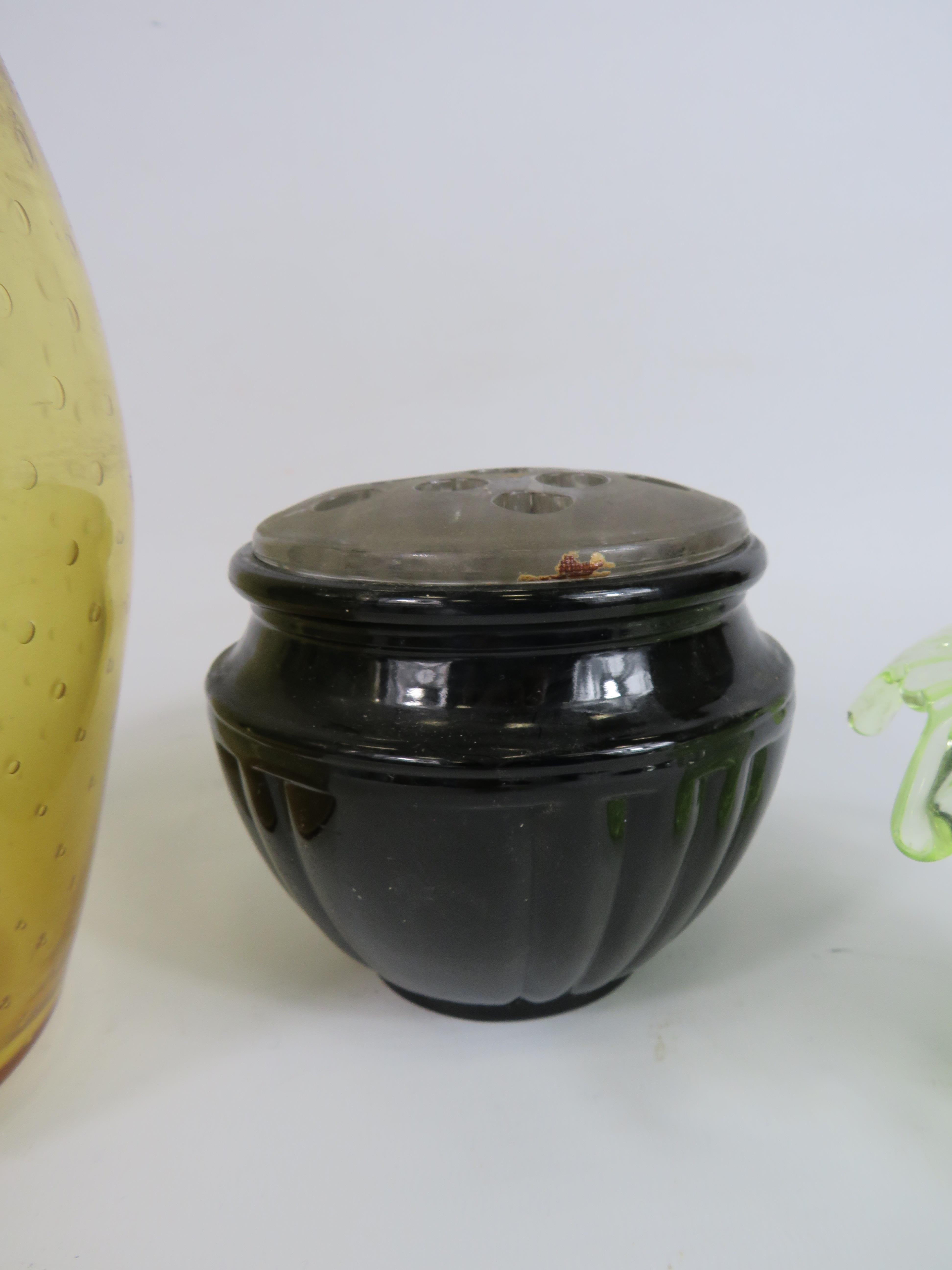 William Wilson Whitefriars controlled bubble vase, Sowerby uranium glass posy and a black amethyst - Image 3 of 4