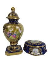 Roselle OCC & Co Staffordshire lidded vase and large trinket in cobalt blue with gilt decoration and