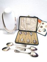 Mixed Silver lot to include a silver necklace with case, boxed silver coffee spoons and a boxed hall