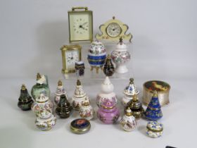 Mixed lot including carriage clocks, trinkets and Greek balm trinket pots.