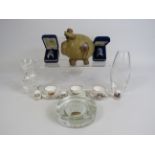 Mixed lot to include Caverswall mini cups and saucers with matching thimbles, Wedgwood paperweight