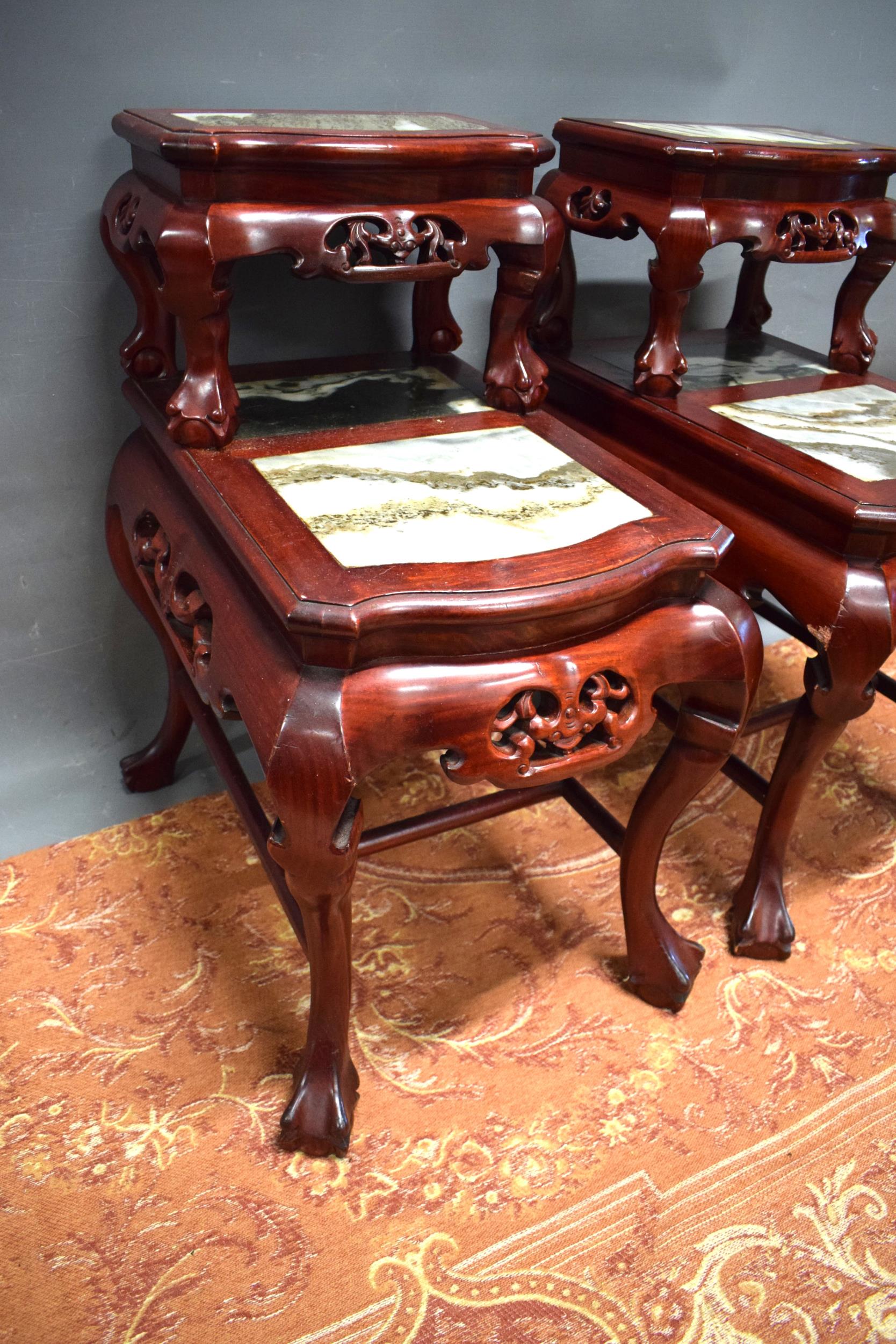 Pair of Oriental Chinese bookend side tables with marble top. Rosewood body.  H:30 x W:16 x D:25 See - Image 3 of 3