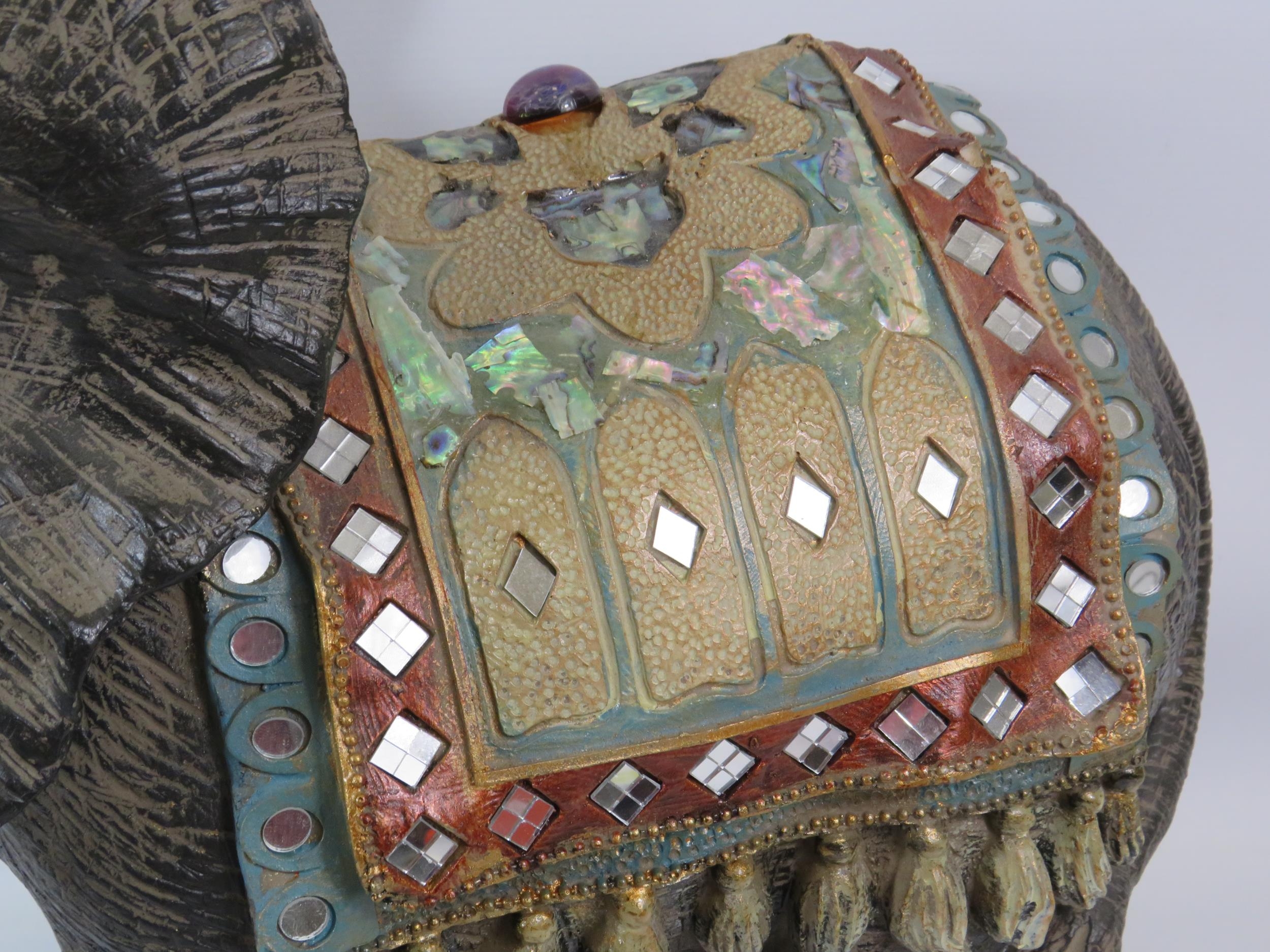 Large resin elephant sculpture decorated with mirrors, jewels and mother of pearl, it stands - Image 3 of 3