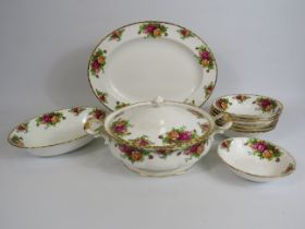 Selection of Royal Albert old country roses dinnerware including a tureen and oval serving plate.