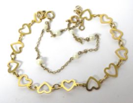 9ct Yellow Gold Heart link bracelet together with a 9ct fine link bracelet set with six seed pearls.