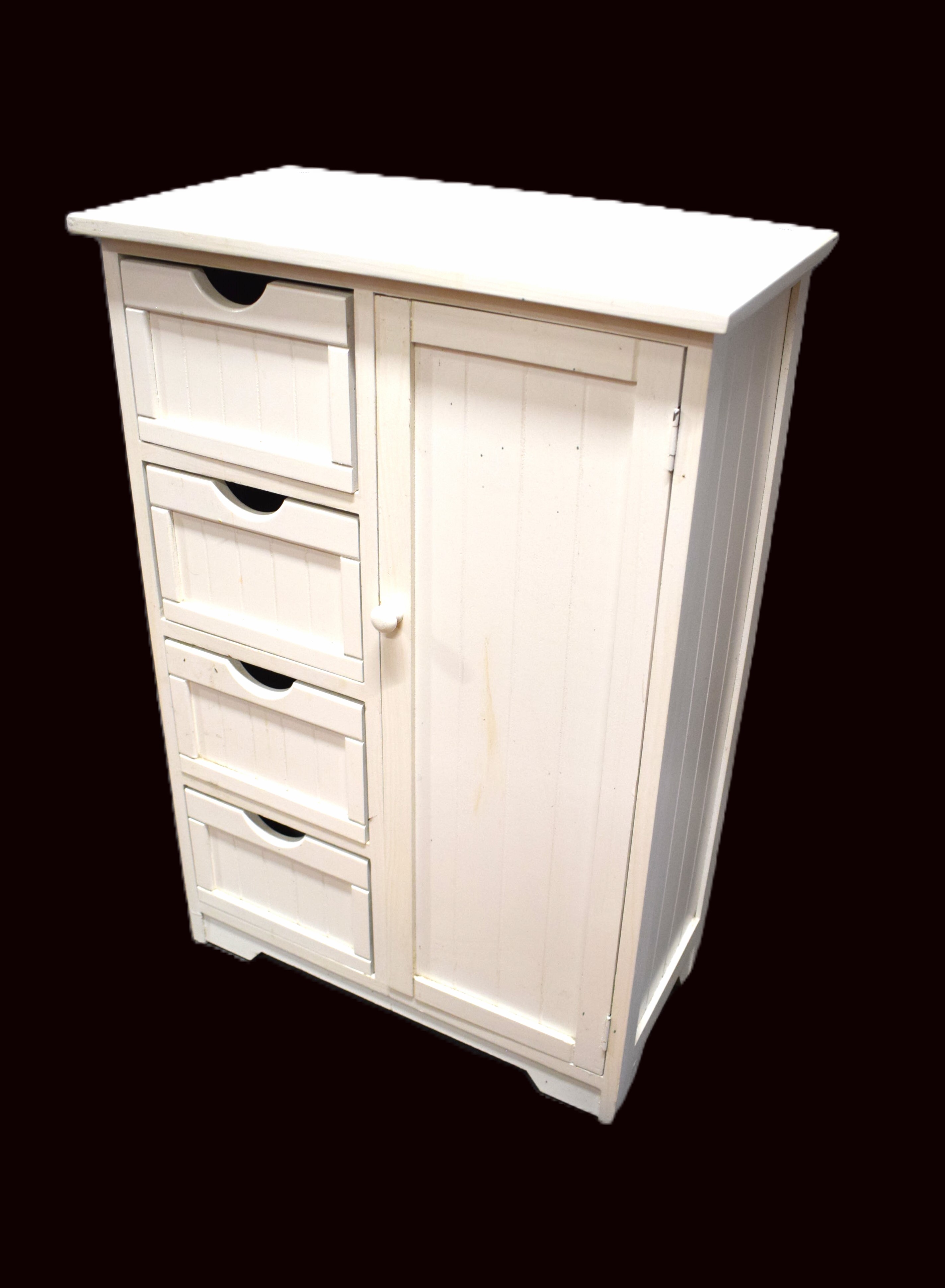 Modern white cupboard with four drawers to one side,  H:32 x W:22 x D:12 inches. See photos. 