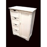 Modern white cupboard with four drawers to one side,  H:32 x W:22 x D:12 inches. See photos. 