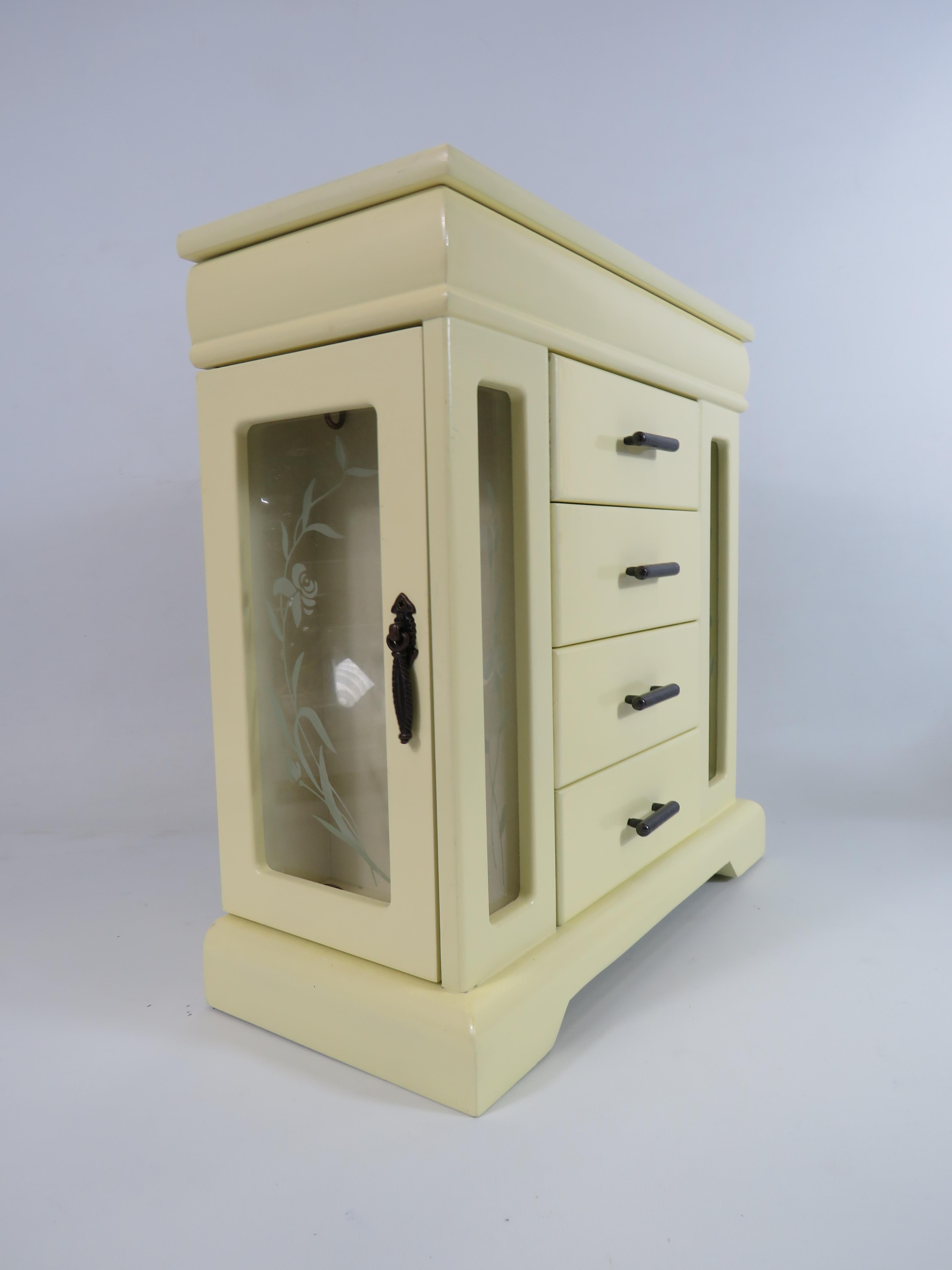 Cream coloured Jewellery cabinet with draws and doors. 12" tall, 11" wide and 5.5" deep - Image 2 of 4