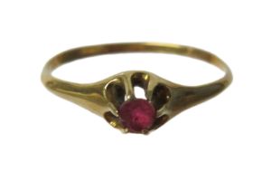 14ct Yellow Gold Ring set with a small Ruby Solitaire. Finger size 'U'   1.9g